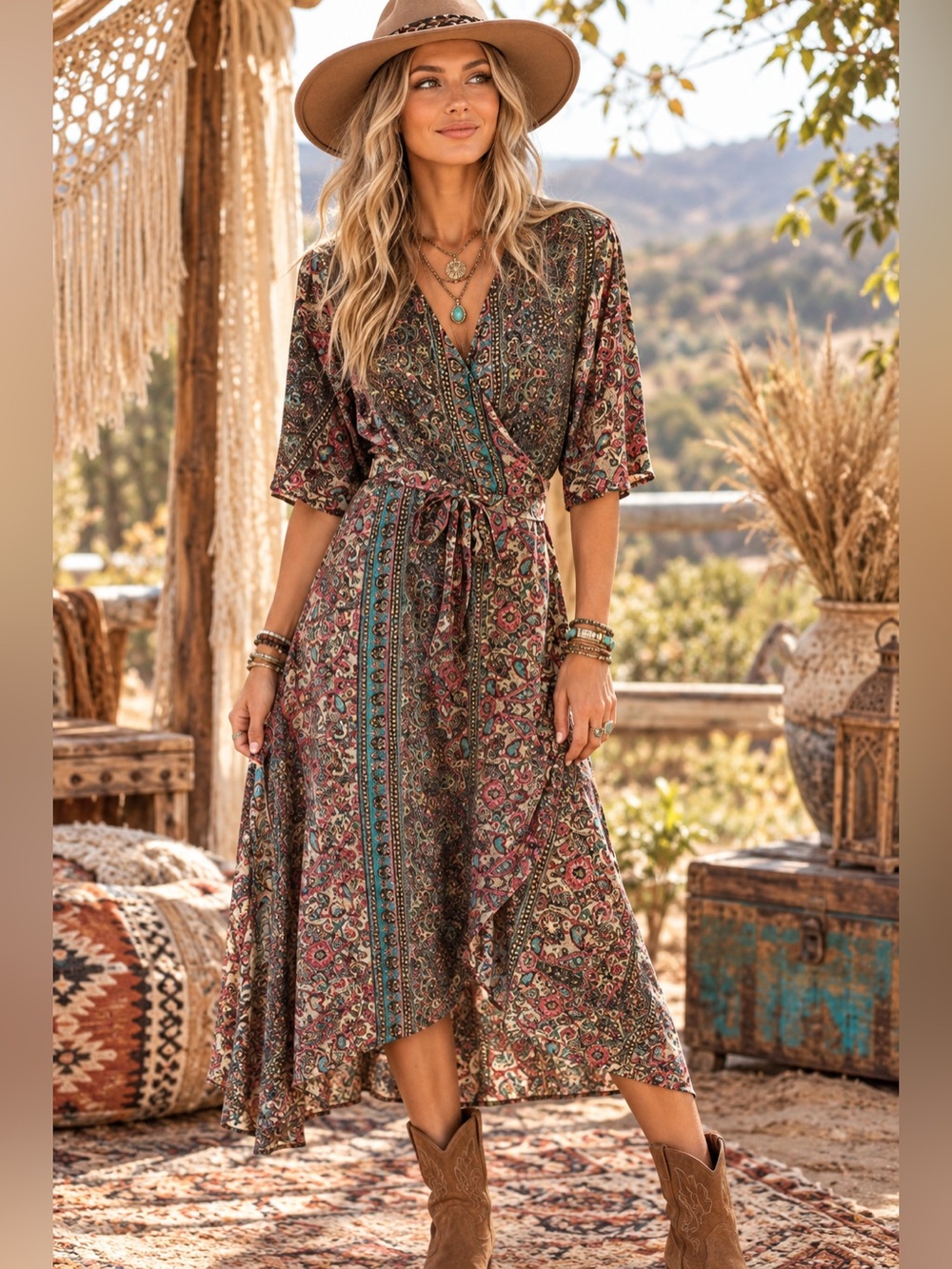 Karma Highway womans Paisley Wrap Midi Dress in Brown and Teal size OS